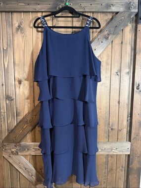 Embellished-Strap Navy Tiered Midi Dress